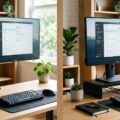 Sammenligning af skærmarm og monitorstativ placeret på samme skrivebord med ergonomisk korrekt højde