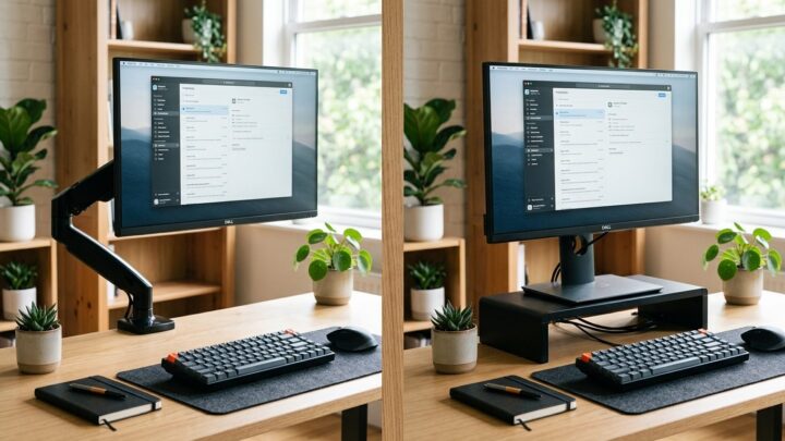 Sammenligning af skærmarm og monitorstativ placeret på samme skrivebord med ergonomisk korrekt højde