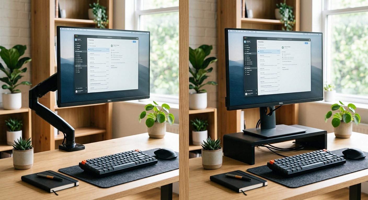 Sammenligning af skærmarm og monitorstativ placeret på samme skrivebord med ergonomisk korrekt højde