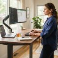 Person arbejder stående ved et hæve-sænkebord i et lyst hjemmekontor