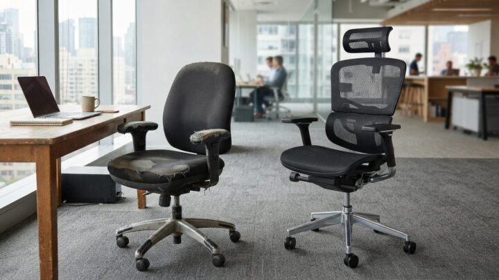 Slidt kontorstol sammenlignet med ny ergonomisk kontorstol på kontor