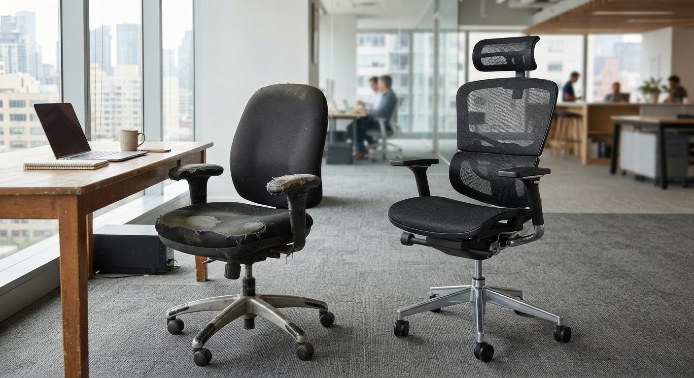 Slidt kontorstol sammenlignet med ny ergonomisk kontorstol på kontor