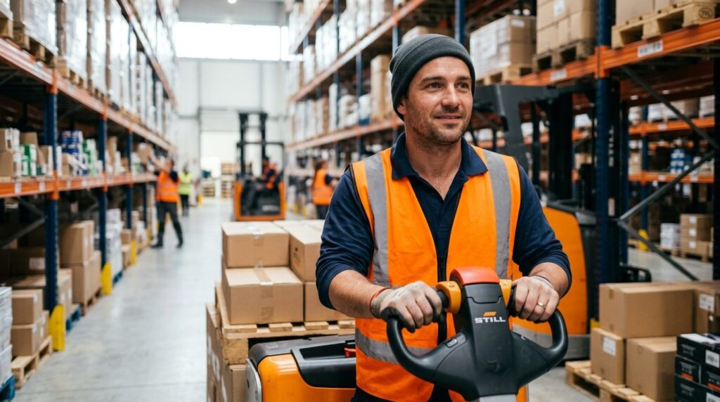 Close-up of a male warehouse workers face showing relief an