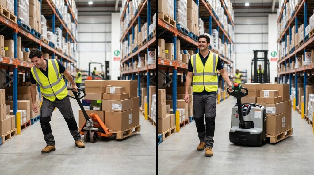 Split-screen comparison effect: left side shows warehouse wo