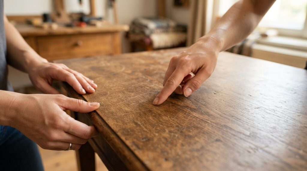 Close-up detailed photograph of hands examining a vintage wo