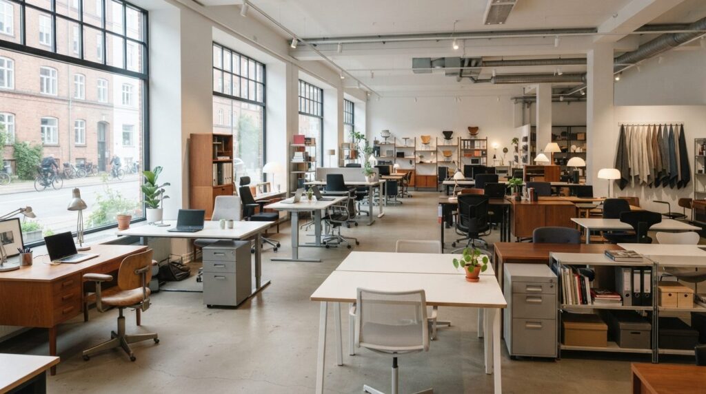 Wide-angle photograph of a Copenhagen secondhand furniture s