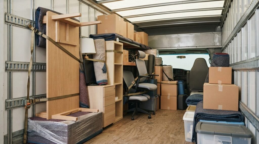 Organized moving truck interior packed with office furniture