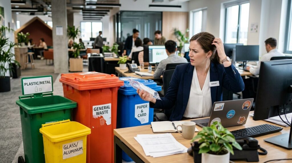 Confused employee at office desk looking at multiple waste s