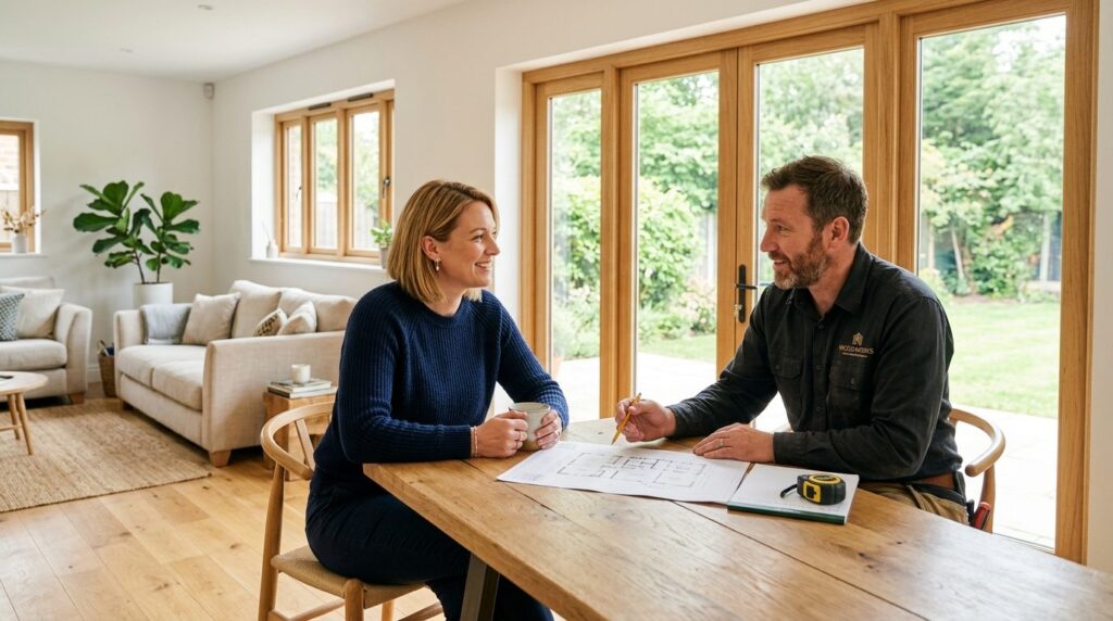 Husejer og fagperson diskuterer renoveringsplaner sammen