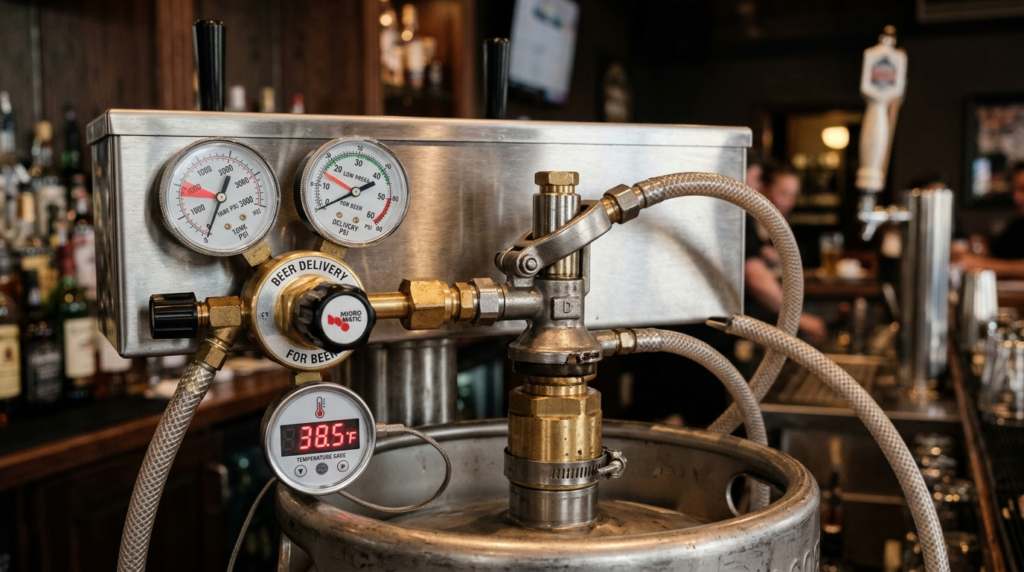Close-up of a professional-grade draft beer tap system showi