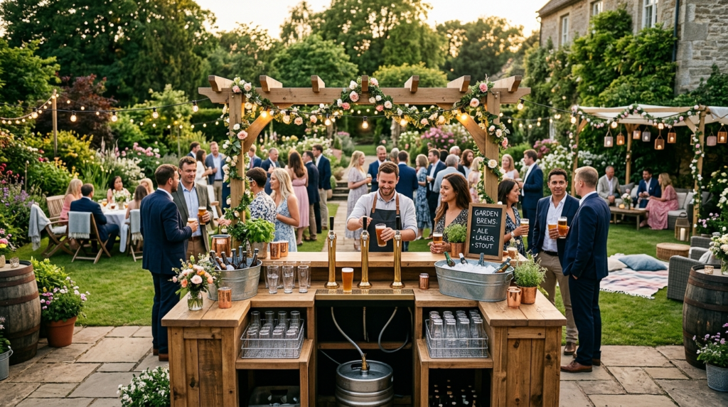 Wide shot of a decorated outdoor garden party setup with a b