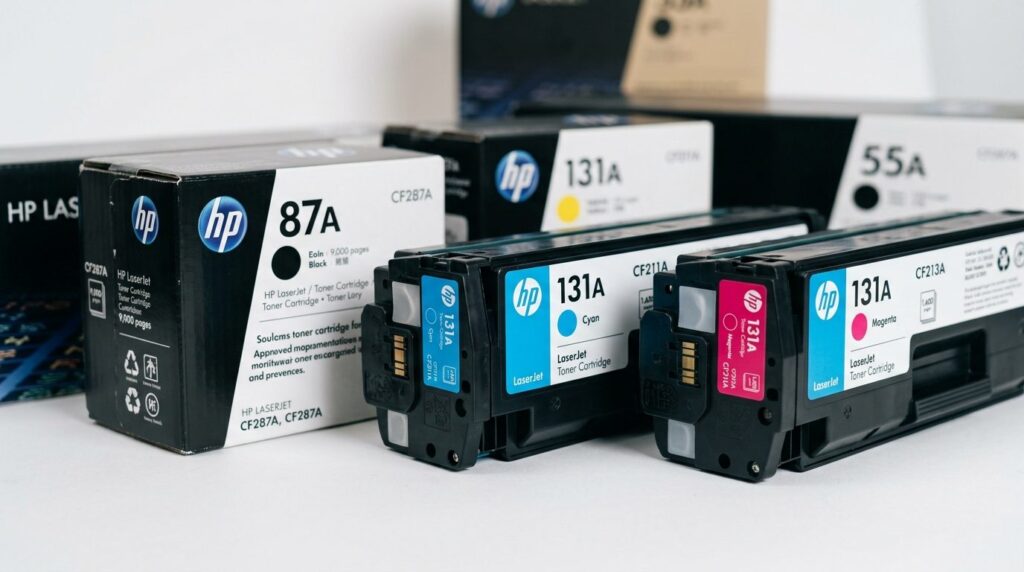 Close-up detail shot of multiple HP LaserJet toner cartridge