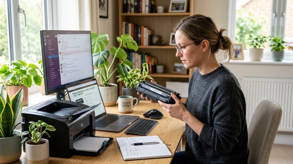 Hybrid work professional at home office desk troubleshooting