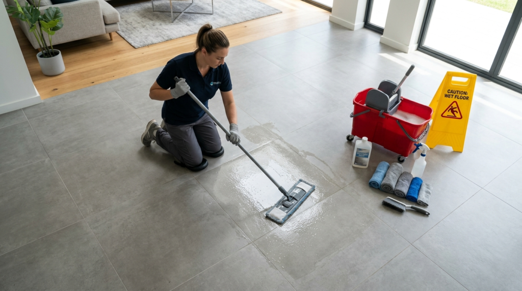 Overhead view of a professional cleaner applying a clear pro