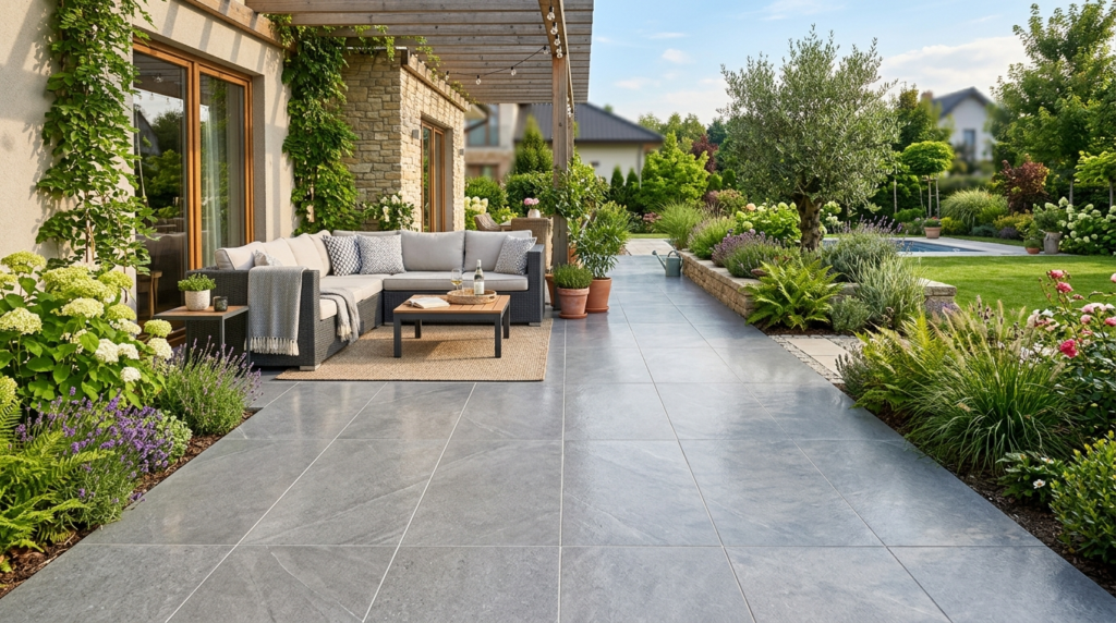 Wide-angle shot of an immaculate residential outdoor living