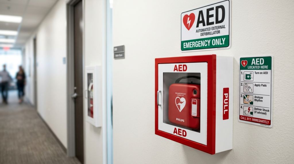 Close-up professional photograph of a red and white AED defi