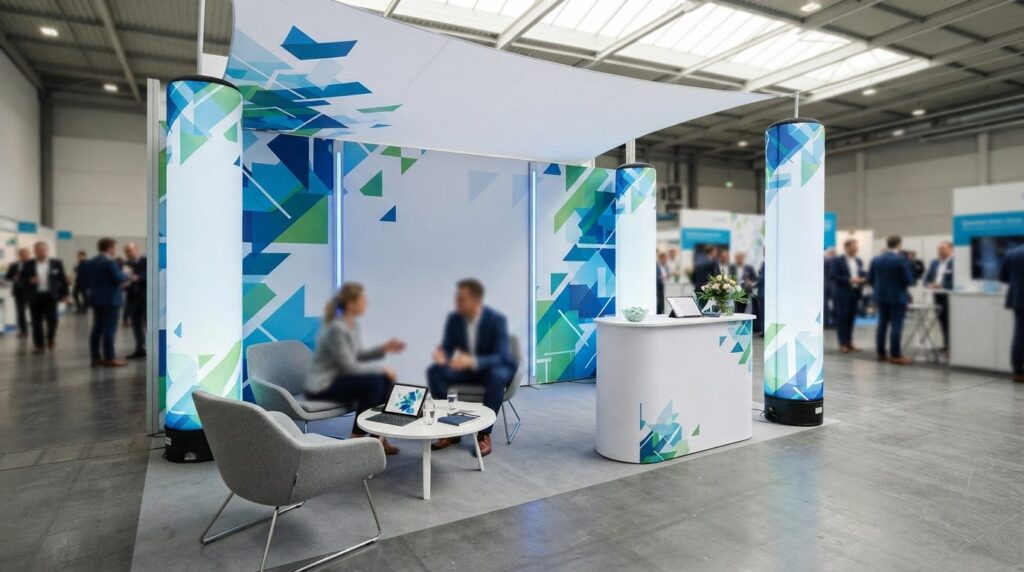 Close-up of branded exhibition stand with customizable logo 