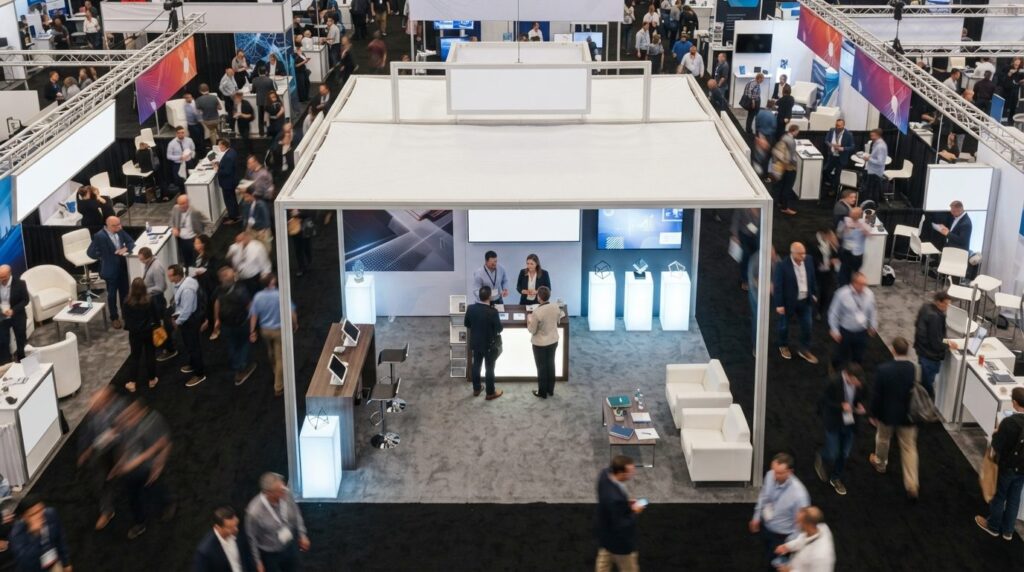 Overhead view of complete trade show booth solution with whi