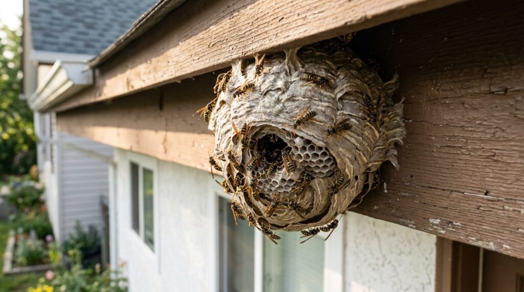 Close-up of an active wasp nest attached to a residential bu
