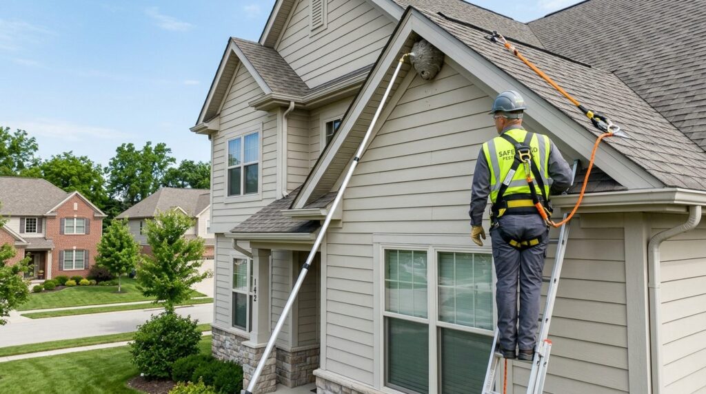 Professional pest control worker using a long pole with spec