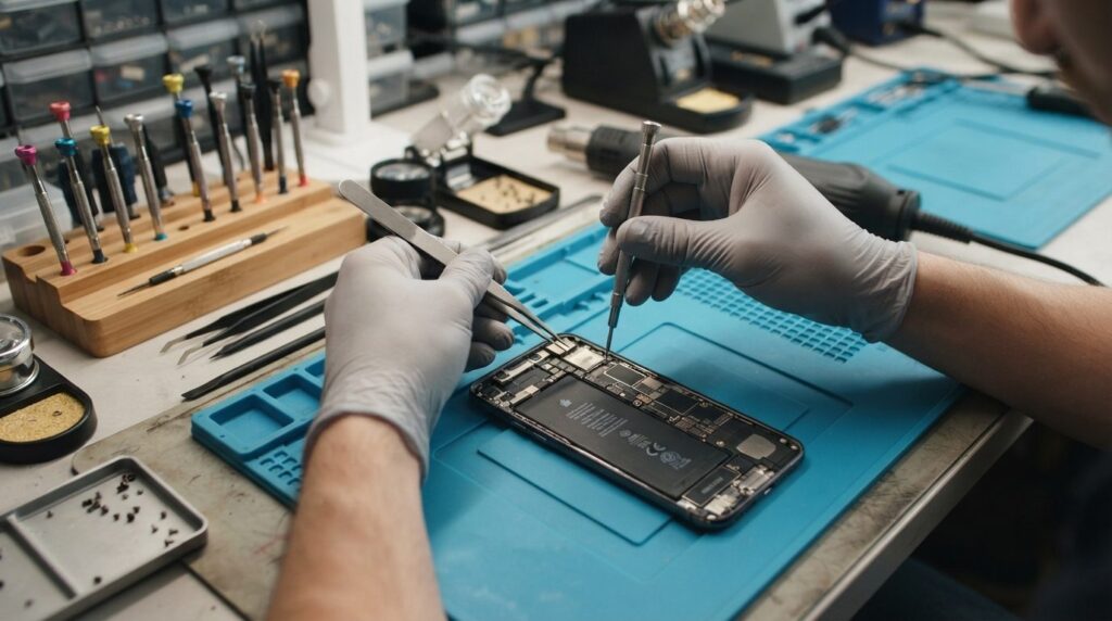 Close-up overhead view of technicians hands repairing mobil