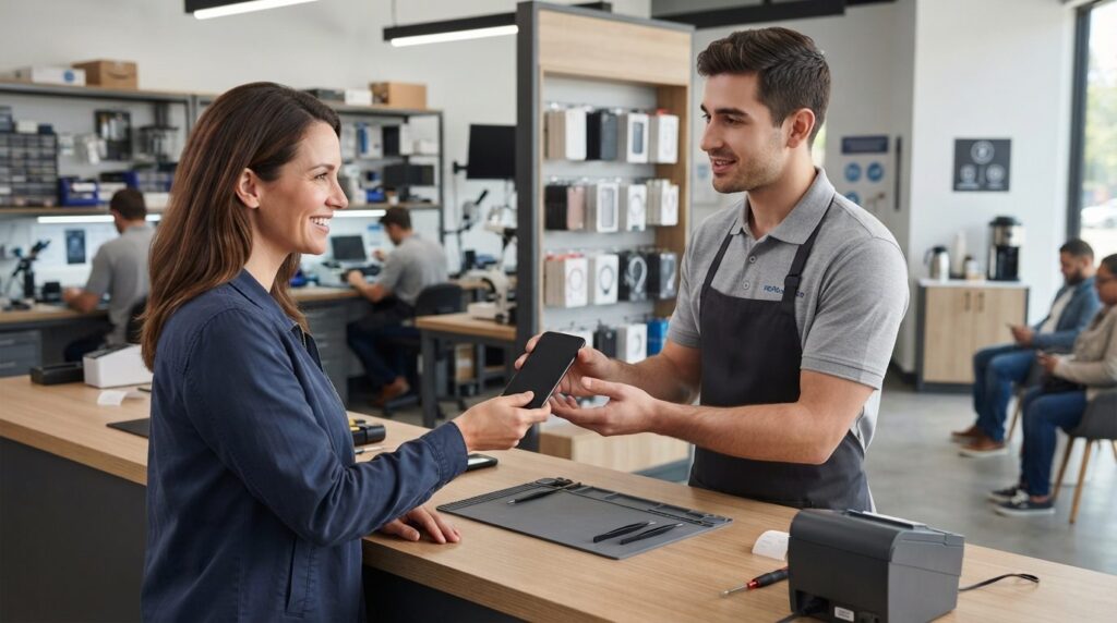 Customer receiving repaired smartphone back at repair shop c