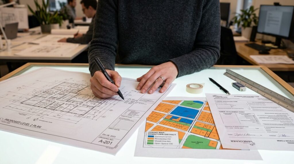 Arkitekts hænder over tekniske tegninger og planmateriale på arbejdsbord.