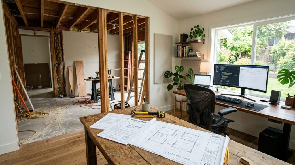 Moderne hjemmekontor i en boligstue med skrivebord og hylder til arbejdsplads.
