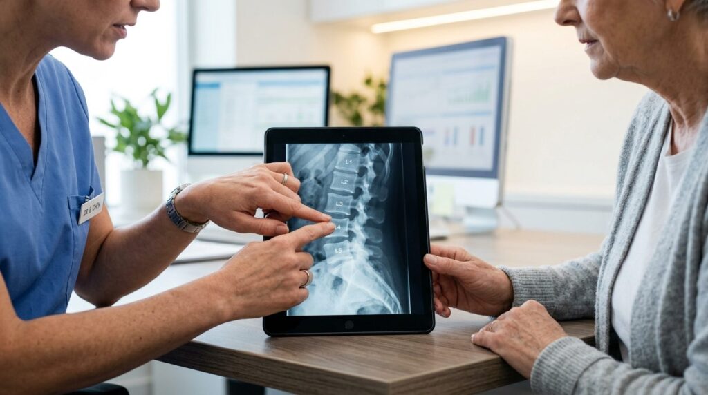 Close-up of a doctors hands explaining an X-ray image on a 
