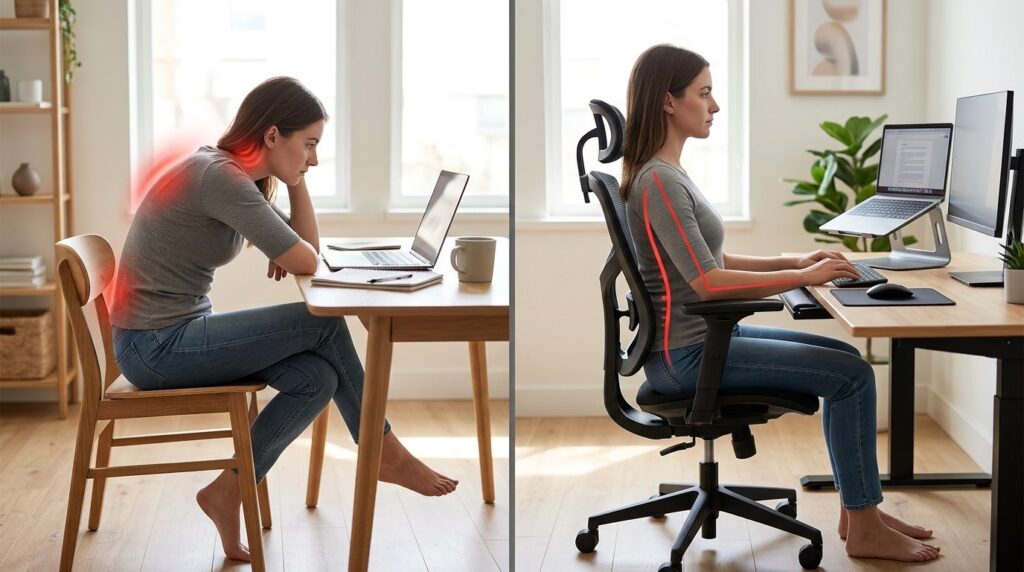 Side-by-side comparison setup showing incorrect slouched sit