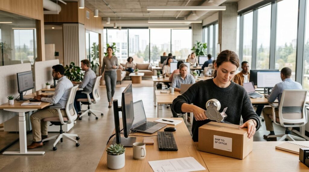 Åbent kontorlandskab med flere medarbejdere ved deres arbejdspladser.