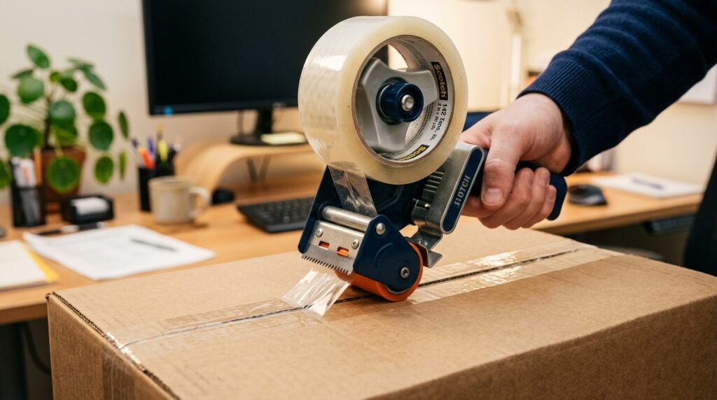 Detaljefoto af mekanismen på en pakkelinetape-dispenser.