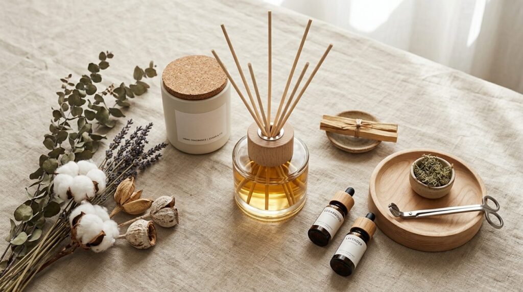 Close-up flatlay photography of luxury home fragrance produc