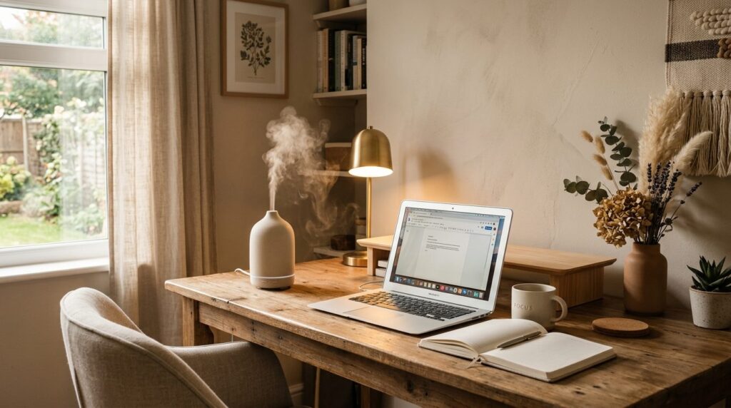 Modern home office workspace with warm ambient lighting from