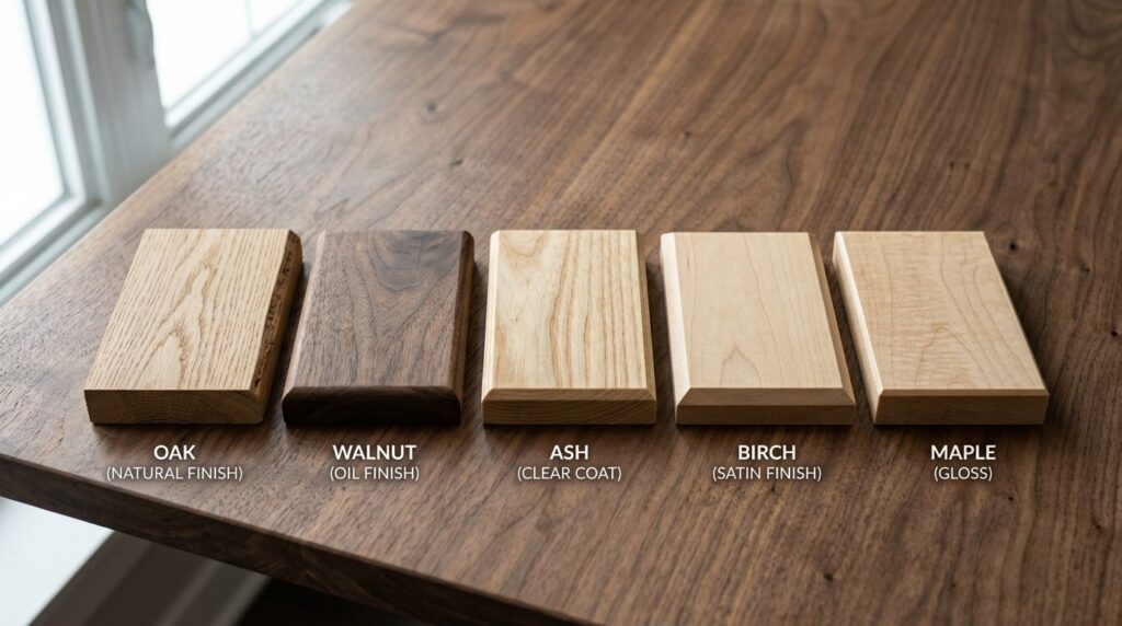 Close-up photorealistic detail shot of premium solid wood de
