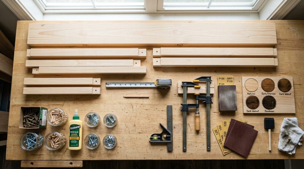 Photorealistic overhead flat-lay composition of DIY solid wo