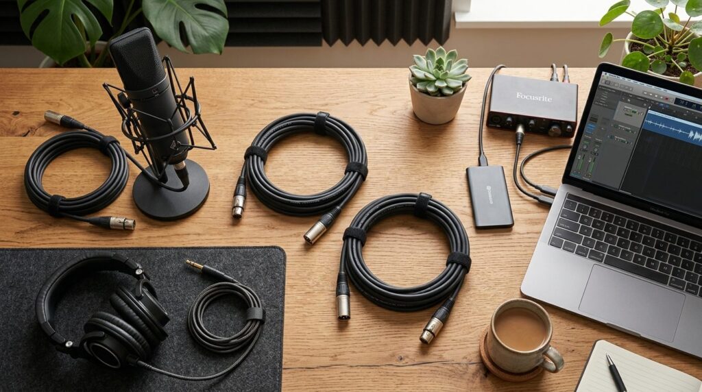 Overhead flat lay of professional XLR audio cables coiled ne