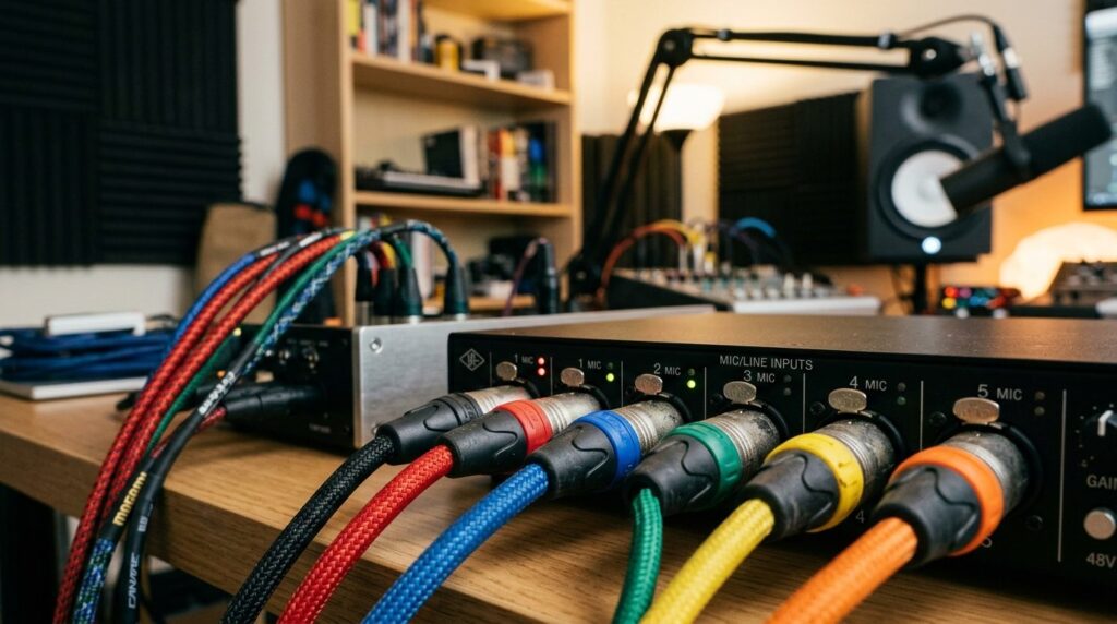 Close-up detail shot of multiple XLR cable connectors in dif