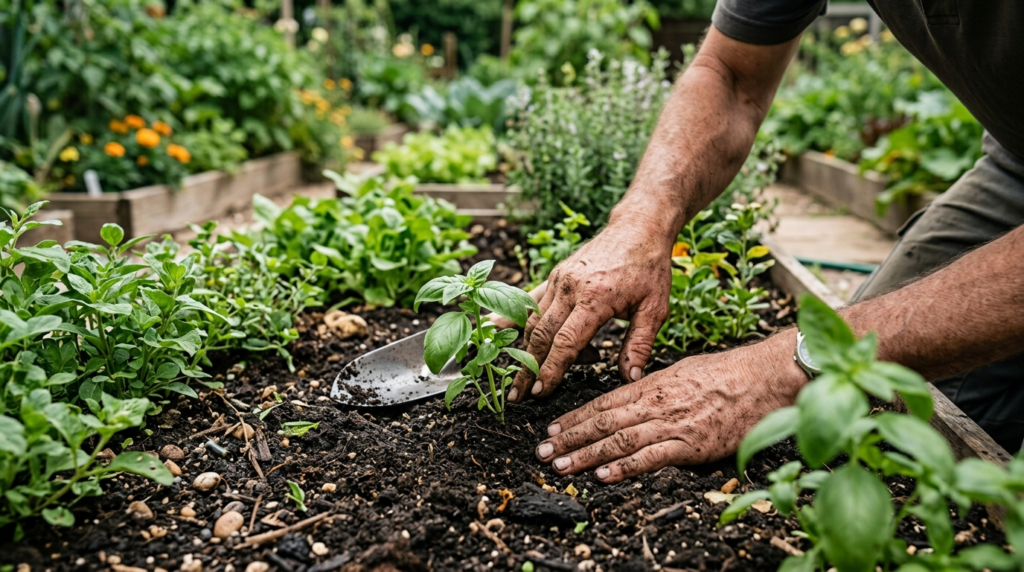 Close-up professional photograph of a gardeners hands worki