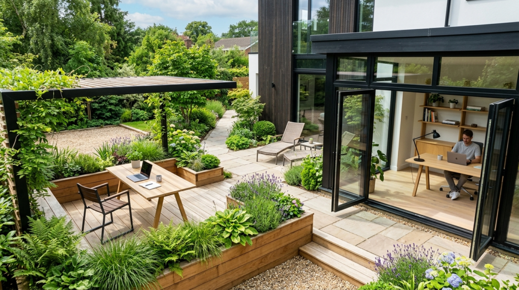 Overhead view of a Scandinavian-style outdoor workspace or p