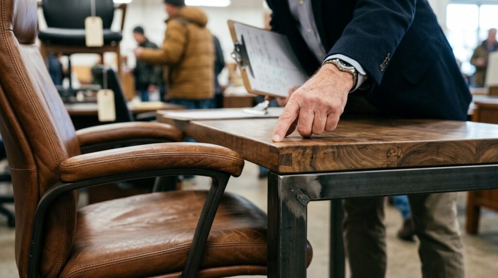 Close-up detail shot of premium used office furniture at auc