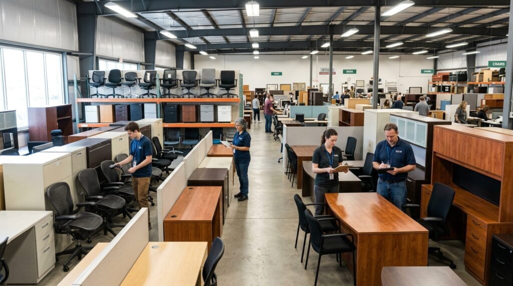 Busy liquidation warehouse or showroom floor with diverse au
