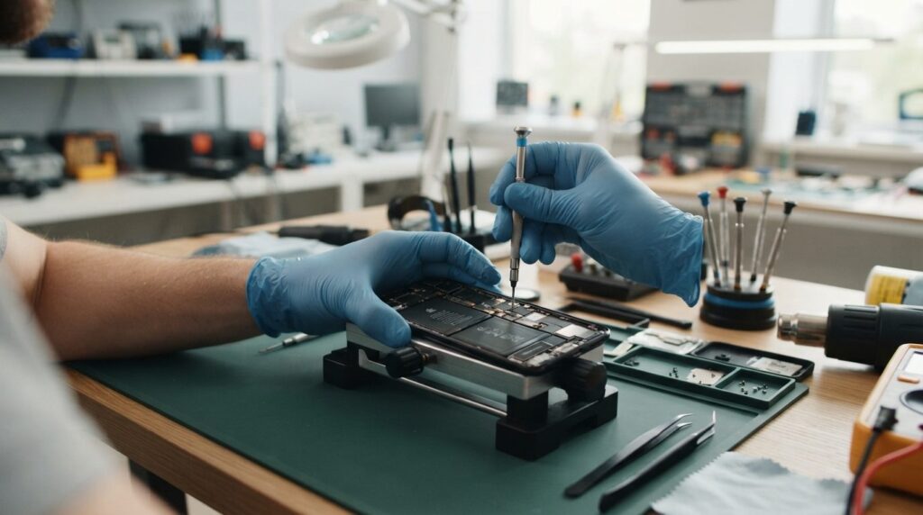 Close-up shot of a professional technicians hands holding a