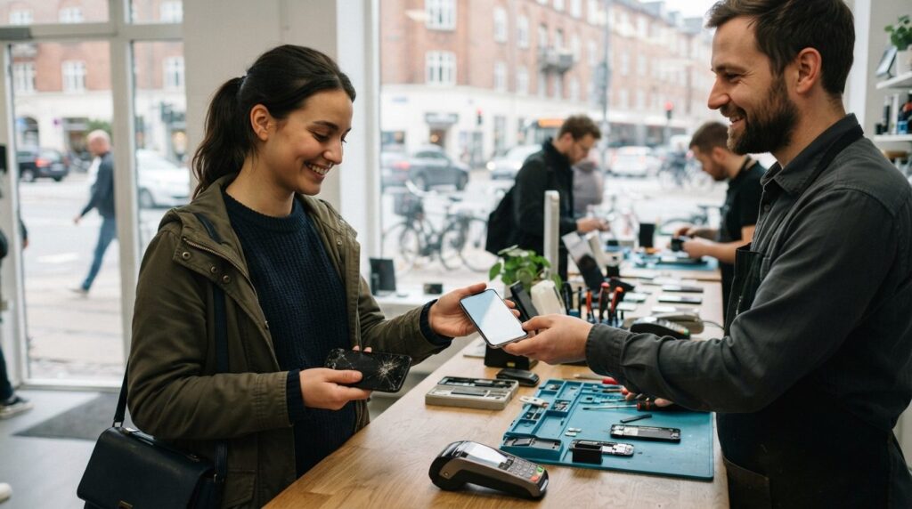 Busy urban scene of a young professional customer on Frederi