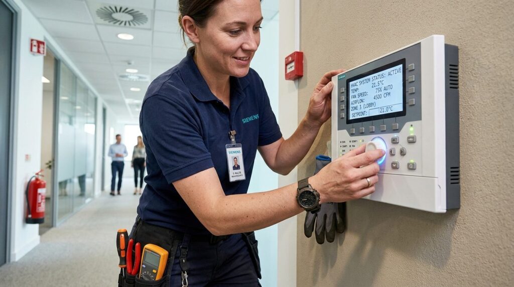 Close-up of technician adjusting ventilation control panel i