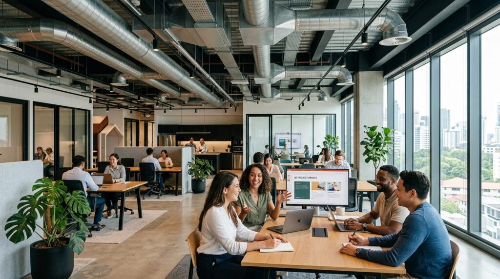 Modern open-plan office with employees collaborating, visibl