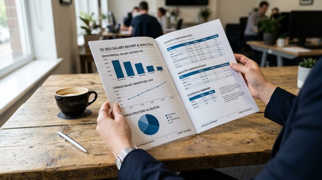 Close-up of hands holding a printed salary report document w
