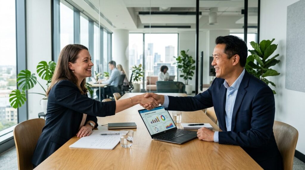 Professional man and woman in modern office having a positiv