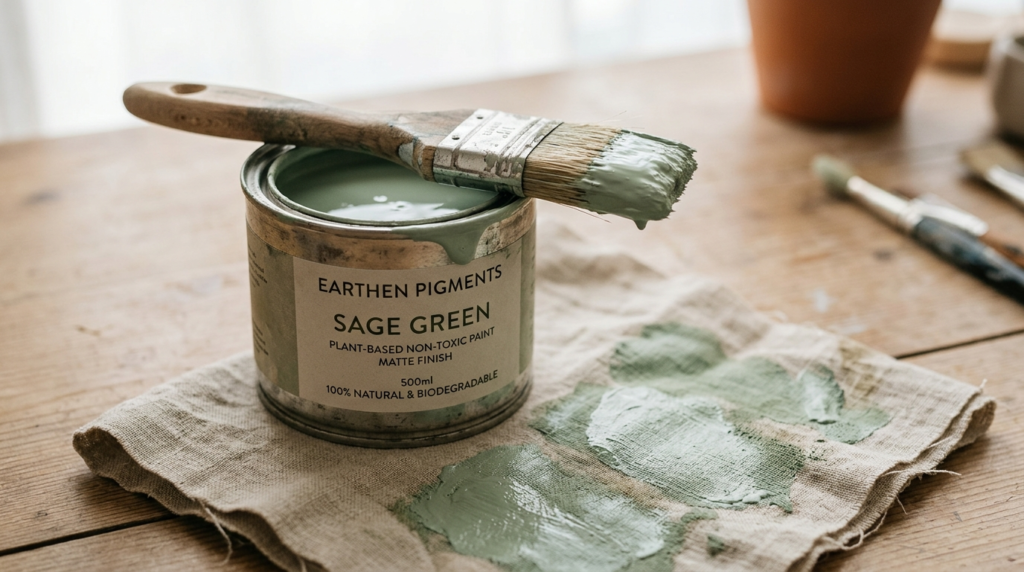 Close-up detail shot of a paint can and brush with natural, 