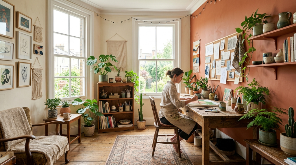 Wide angle shot of a home studio or creative workspace with 